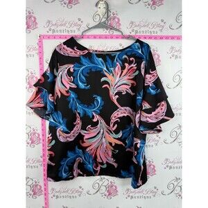 mark. Blouse sleeves ruffle Black Blouse with Pink & Blue Swirl Floral Print